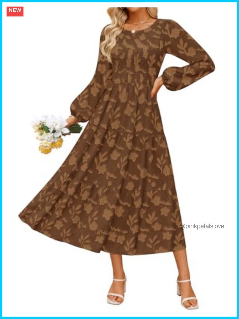 Womens Long Sleeve Boho Midi Dress Floral A-Line Wedding Guest